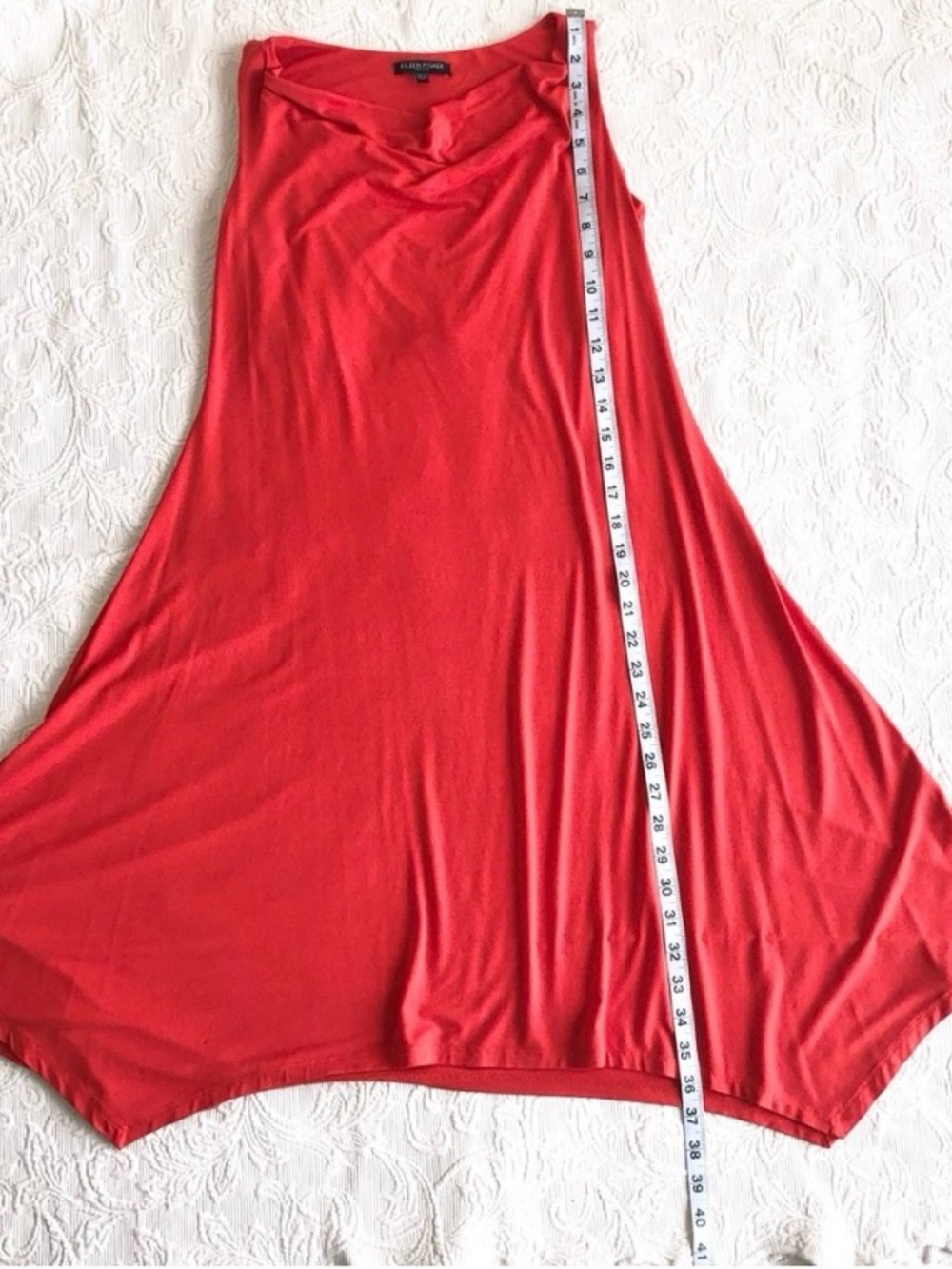 Eileen Fisher Red-Orange Cowl Neck Sleeveless Knee Length Petite Jersey Dress - Picture 6 of 6
